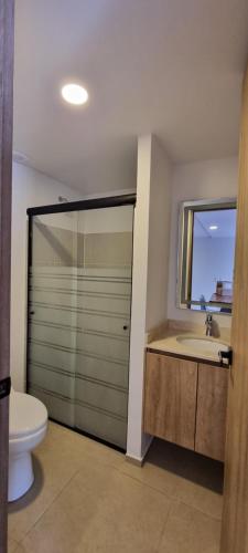 a bathroom with a toilet and a sink and a shower at Hermoso departamento cerca del Auditorio Telmex in Guadalajara