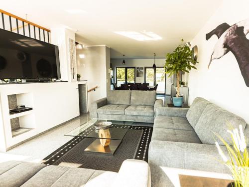 a living room with a couch and a tv at Seehaus Albatros Comfortable holiday residence in Kahnsdorf