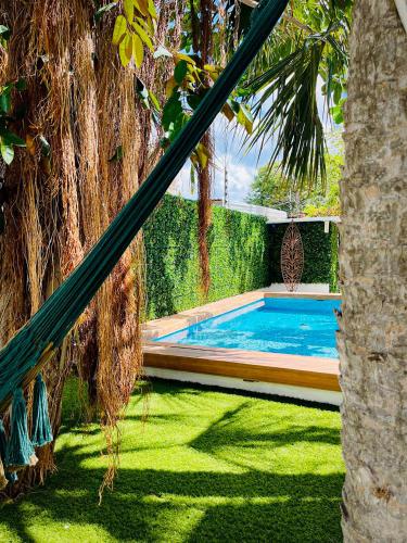 a swimming pool in a yard with a palm tree at SAYU - Suites in Cozumel