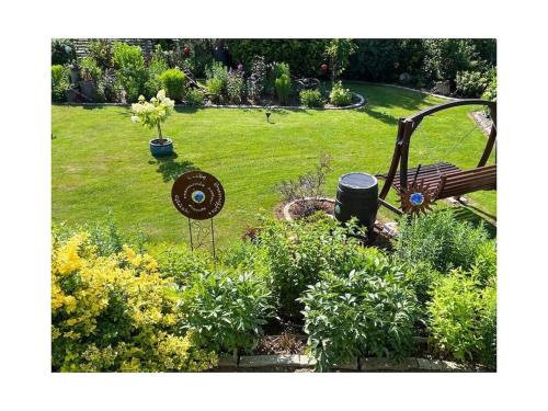 a garden with a bench in the grass at Sonnenblick Comfortable holiday residence in Grafenwiesen
