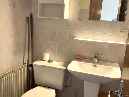 une salle de bain avec des toilettes blanches et un lavabo dans l'établissement Autrans : Studio 22m² avec balcon, animaux admis, parking - FR-1-737-90, à Autrans