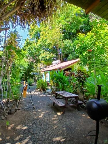 a picnic table and a bench in a garden at Résidence Les Manguiers in Pointe-Noire