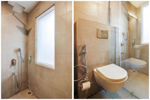 two pictures of a bathroom with a toilet and a shower at Super townhouse moosapet Rcc Prime in Hyderabad