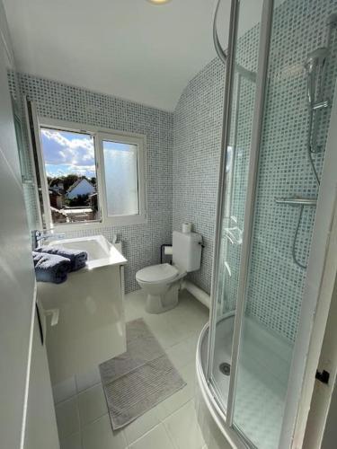 a bathroom with a shower and a toilet and a sink at Le Maxaudant Duplex avec Balcon et Vue sur Mer in Luc-sur-Mer