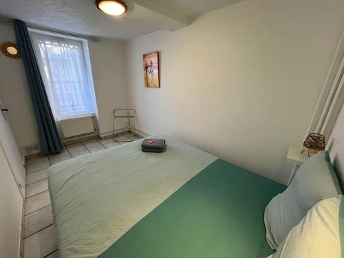 - une chambre avec un grand lit vert dans l'établissement La Passerelle - Terrace and balcony with sea view, à Luc-sur-Mer