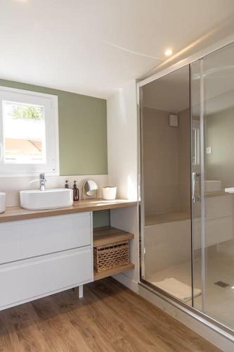 une salle de bain avec un lavabo et une douche en verre dans l'établissement Maison 5 chambres au cœur du Croisic, au Croisic