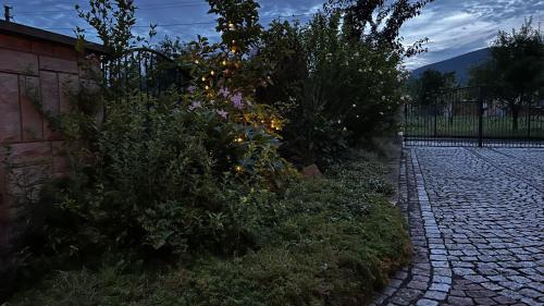 a garden with flowers and a brick road at Apartmán na Pasekách in Bystrzyca