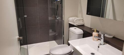 a bathroom with a shower and a toilet and a sink at L3002 Good view, southencross station,free sanua,pool,Gym in Melbourne