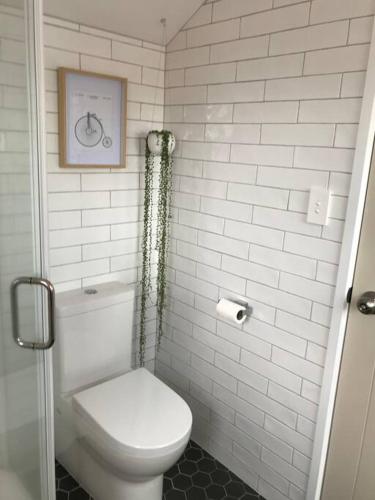 a bathroom with a toilet and a picture of a bike on the wall at Cosy on Campbell in Mount Maunganui