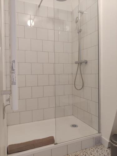 une douche avec une porte vitrée dans une salle de bain dans l'établissement Bel appart rénové avec terrasse, à Saint-Avertin
