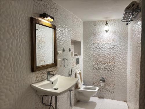 a bathroom with a sink and a toilet and a mirror at Shahi Guest House in Jodhpur