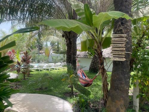 a hammock hanging from a tree in a garden at Oasis club in Cap Skirring