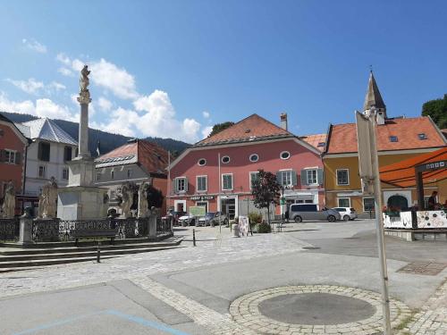 a town with a fountain in the middle of a street at Haus Peter in Murau