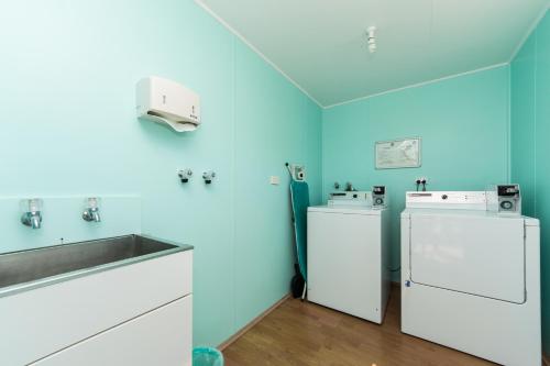 a kitchen with a sink and two washer and dryer at Martinborough TOP 10 Holiday Park in Martinborough 