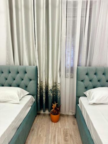 due letti accanto a una finestra con una pianta di Apartment 1330 a Tirana