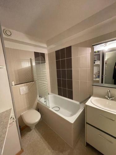 une salle de bain avec toilettes, baignoire et lavabo dans l'établissement Studio 4 couchages La mongie tout confort pied des pistes, à Bagnères-de-Bigorre