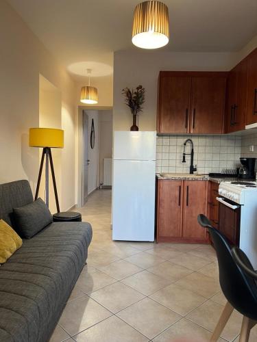 a kitchen with a couch and a white refrigerator at Demi ΔΣ, B2 in Agrinion