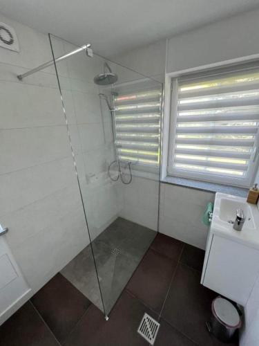 a bathroom with a shower and a toilet and a sink at Domek w górach in Nadziejow