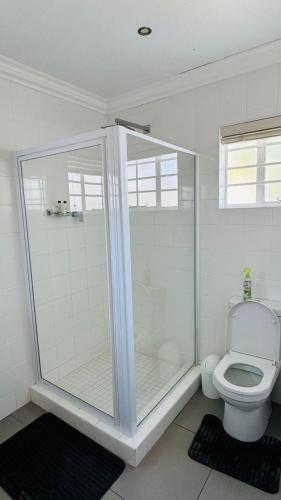 a white bathroom with a shower and a toilet at 110 Berry Street Self-Catering Accommodation in Queenstown