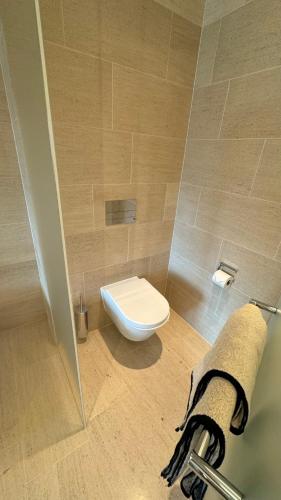 a bathroom with a toilet and a towel on the door at Alpine Luxury Apartment Davos with Spa Access to 5 Star Hotel in Davos
