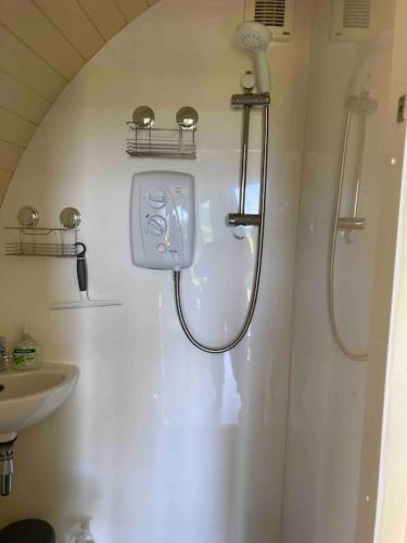 a bathroom with a shower and a sink at Ty Barcud Glamping Pod in Aberystwyth