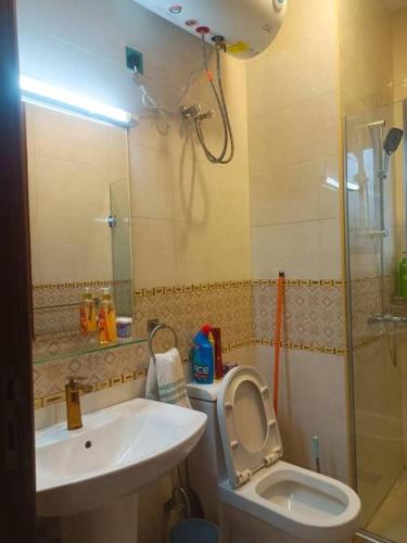 a bathroom with a toilet and a sink and a shower at Serene Homes 01 in Kampala