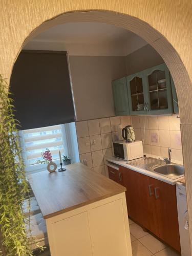 a kitchen with a counter and a sink and a microwave at Tiny Studio Pyskowice with parking in Pyskowice
