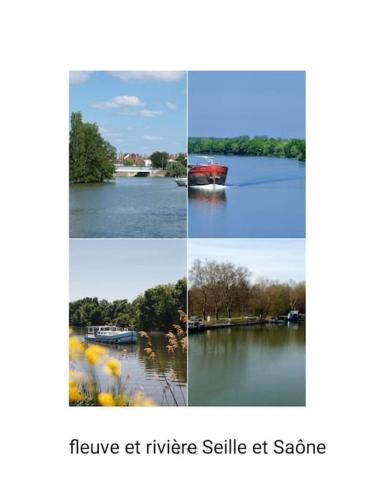 four pictures of a river with a boat on the water at Gîte la tourterelle in Rancy