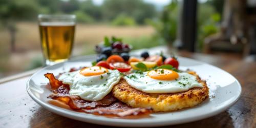Un plato de comida con huevos en una mesa con un vaso de cerveza. en Zebula Boutique Hotel, en Mabula