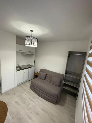 un salon avec un canapé et une cuisine dans l'établissement Studio avec place de parking, à Balaruc-les-Bains