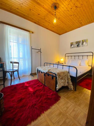 a bedroom with a bed and a red rug at Forrest Guesthouse in Polídhroson