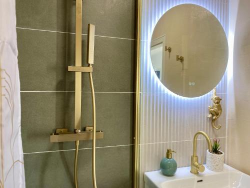 une salle de bain avec un lavabo et un miroir dans l'établissement Studio pour deux avec terrasse aux portes de la Camargue, à Aigues-Mortes