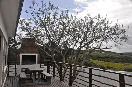a wooden deck with a table and a tree at Grootfontein Farm accommodation in Stilbaai