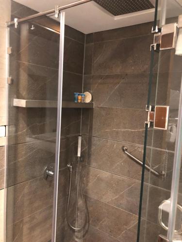 a shower with a glass door in a bathroom at Maadi Hotel in Cairo