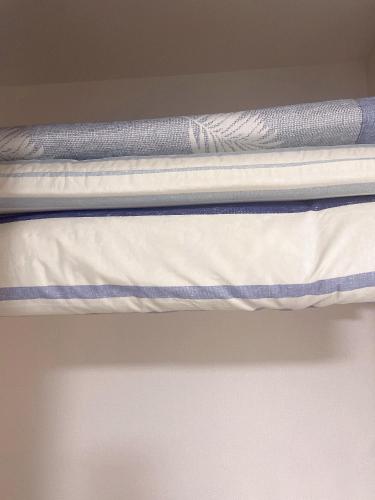 a bunk bed with white sheets and blue stripes at 東京小岩与房东同住mishe in Tokyo