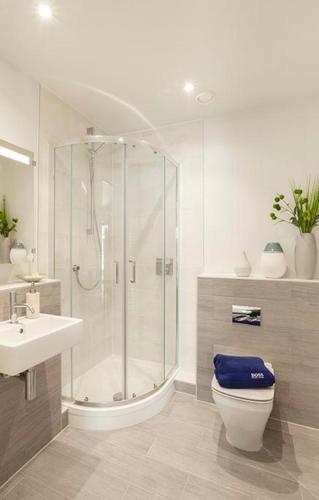 a bathroom with a shower and a toilet and a sink at 3 Rockham - Luxury Apartment at Byron Woolacombe in Woolacombe