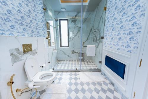 a blue and white bathroom with a toilet and a shower at The Manor Luxury Apartments, Shimla in Mashobra