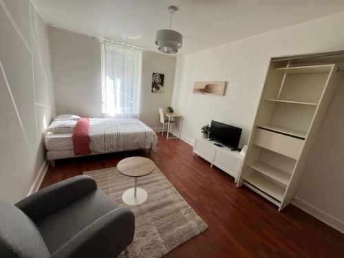 une chambre avec un lit, un canapé et une table dans l'établissement Studio Lux Cattenom Thionville, à Algrange