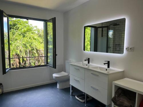 une salle de bain avec un lavabo, des toilettes et un miroir dans l'établissement La maison du bonheur entre Bordeaux et Océan, à Saint-Médard-en-Jalles