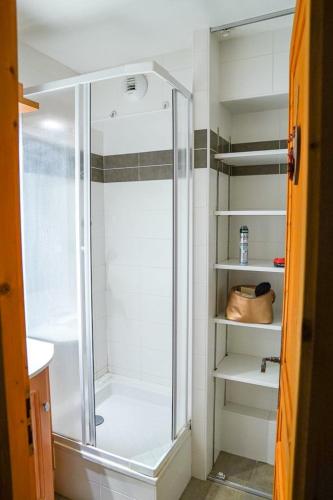 une douche dans une salle de bain avec une porte vitrée dans l'établissement Chalet de la Grand Vy : Appart 6/7 personnes., à Valloire