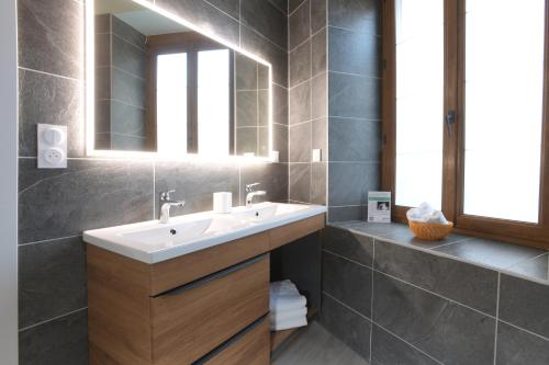 une salle de bain avec un lavabo et un miroir dans l'établissement Au Cheval Blanc - Appartement Familial 6P Parking privé proche Colmar Centre, à Colmar