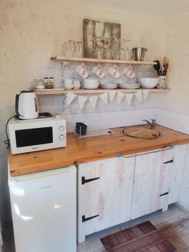 a kitchen with a counter with a microwave on it at Brakvlei in Albertinia