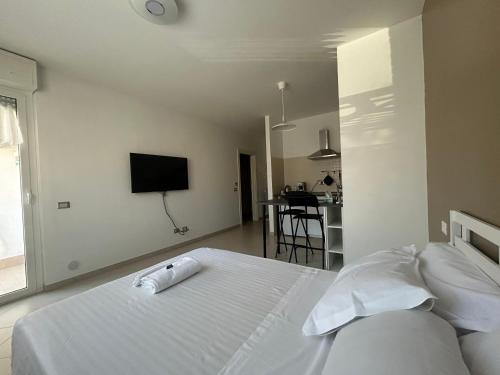 Un dormitorio con una cama y un televisor de pantalla plana. en Urban Sky Loft Fiumicino, en Fiumicino