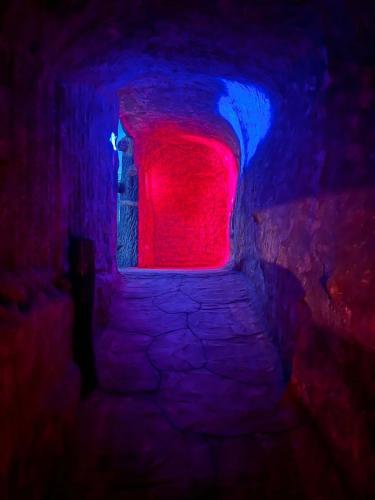 a person standing in a tunnel with a red light at Hotel Golden Hills Manizales in Manizales