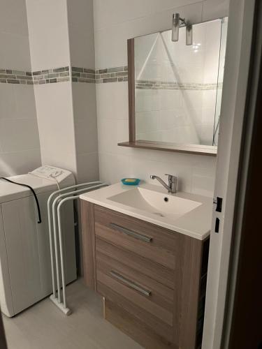 une salle de bain avec un lavabo et un miroir dans l'établissement Appartement studio Fabregas vue mer, à La Seyne-sur-Mer