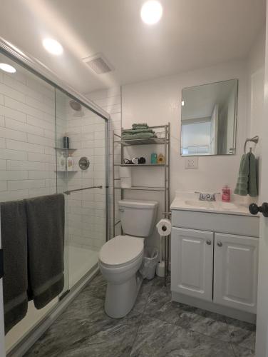 a bathroom with a toilet and a shower and a sink at Willamette Cottage in Salem
