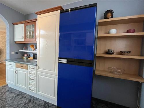 a kitchen with a blue refrigerator in a kitchen at Am Gifizsee 3 Zim Apartment für Familien in Offenburg