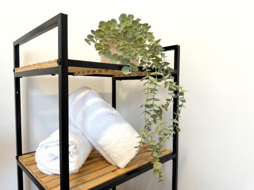 a shelf with towels and a plant on it at ma suite - idyllisch & modern apartment 2-4 P in Ruderatshofen
