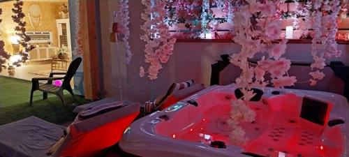 a room with a red bath tub with pink flowers at Le Clos FMR Insolite - "F"anny Carcassonne in Malves-en-Minervois