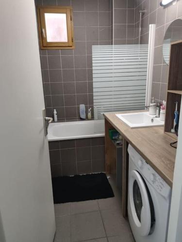 une salle de bain avec un lavabo et une machine à laver dans l'établissement Pied des montagnes proche du lac d'Annecy, à Évires